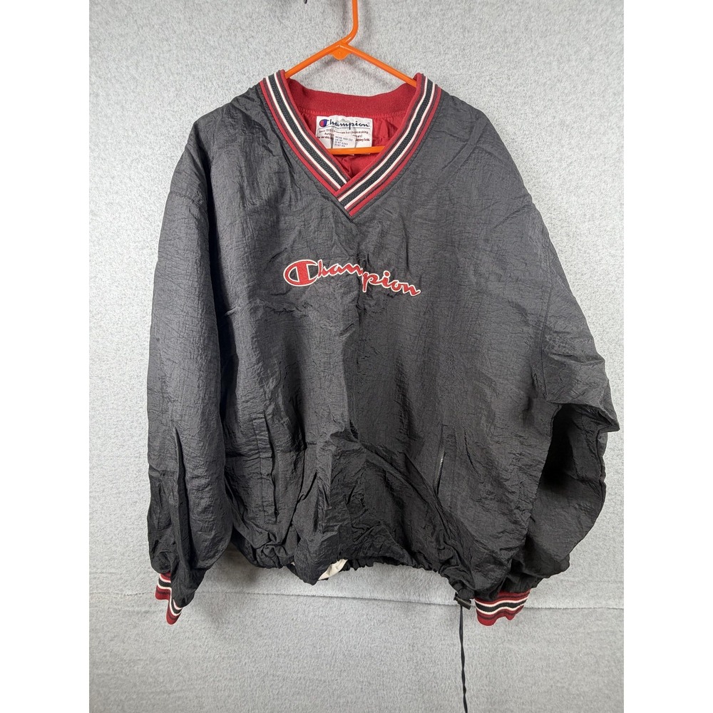 Champion Jacket Mens XL Black Pullover V-Neck Windbreaker Lined Athletic Logo